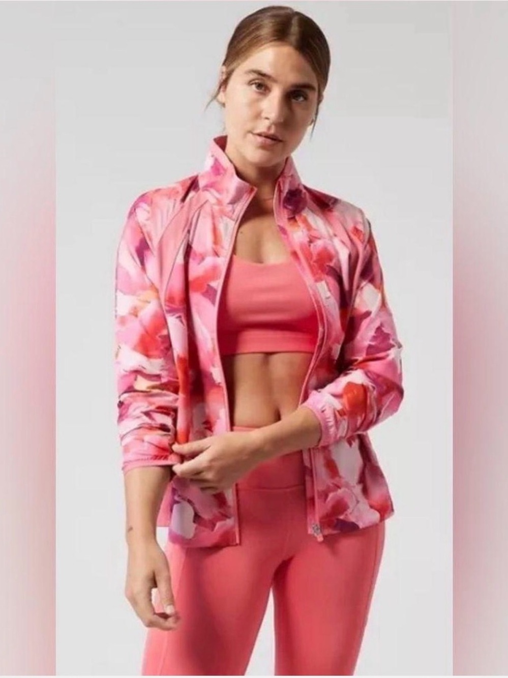 Athleta Pink Floral Zip-Up Bomber Jacket